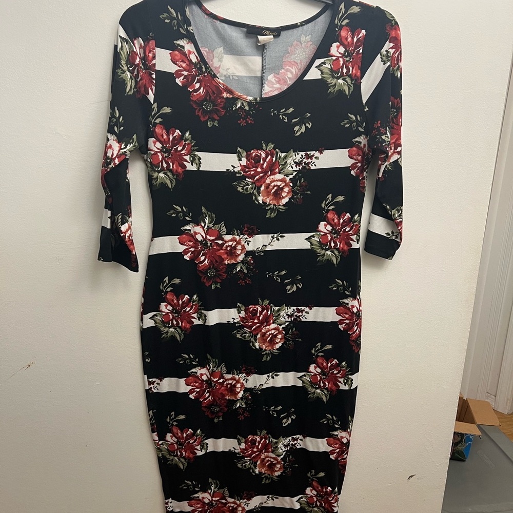 Floral Black and Red Striped Dress